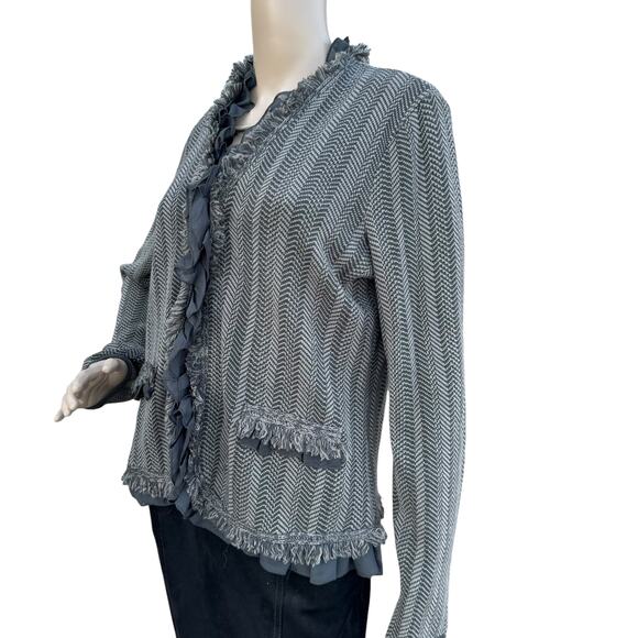 Dana Buchman Women Knitted Brown Herringbone Ruffled Fringed Cardigan Sweater M - Picture 3 of 8